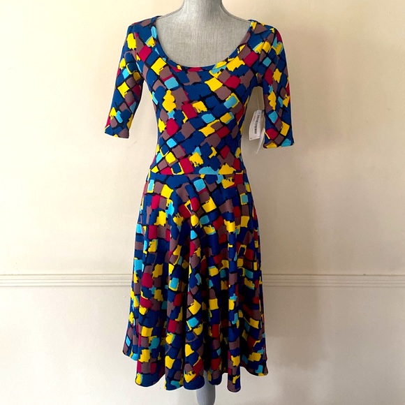 LuLaRoe 💛“NICOLE”💙 FIT-AND-FLIRT MIDI DRESS SIZE EXTRA SMALL 🌟NWT🌟 - Picture 12 of 13